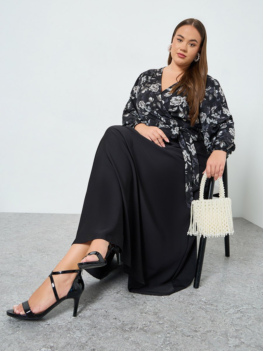 Plus Floral Printed Wrap Look A-Line Maxi Dress