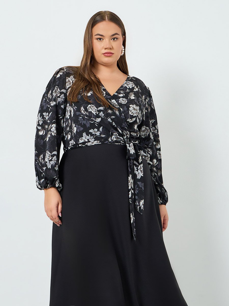 Plus Floral Printed Wrap Look A-Line Maxi Dress