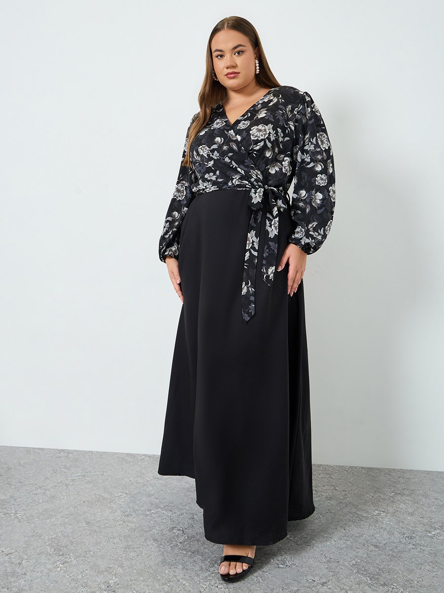 Plus Floral Printed Wrap Look A-Line Maxi Dress