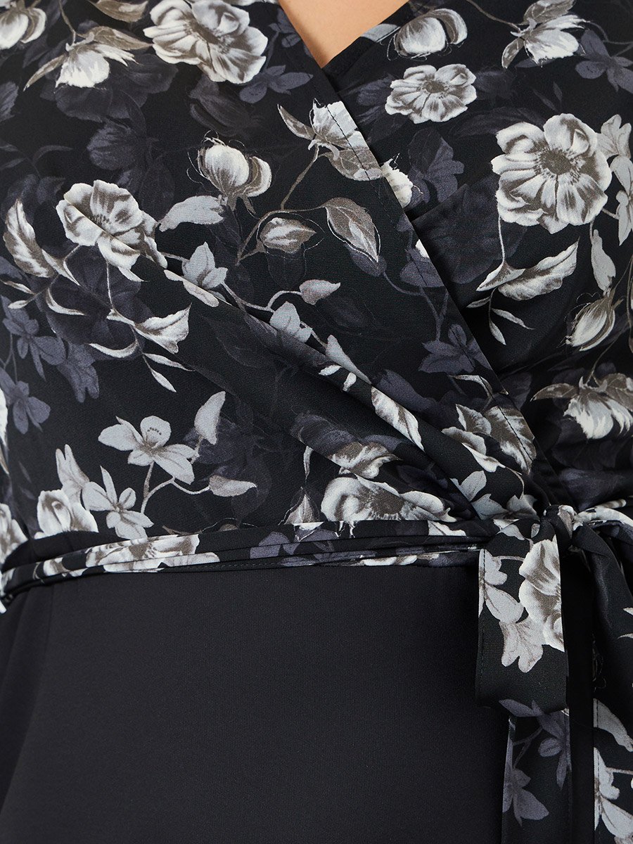 Plus Floral Printed Wrap Look A-Line Maxi Dress
