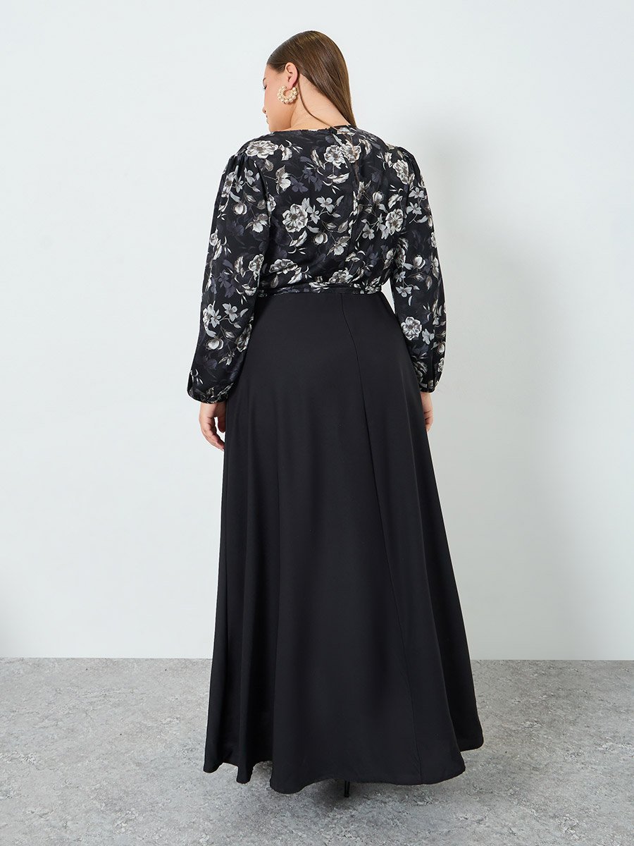 Plus Floral Printed Wrap Look A-Line Maxi Dress