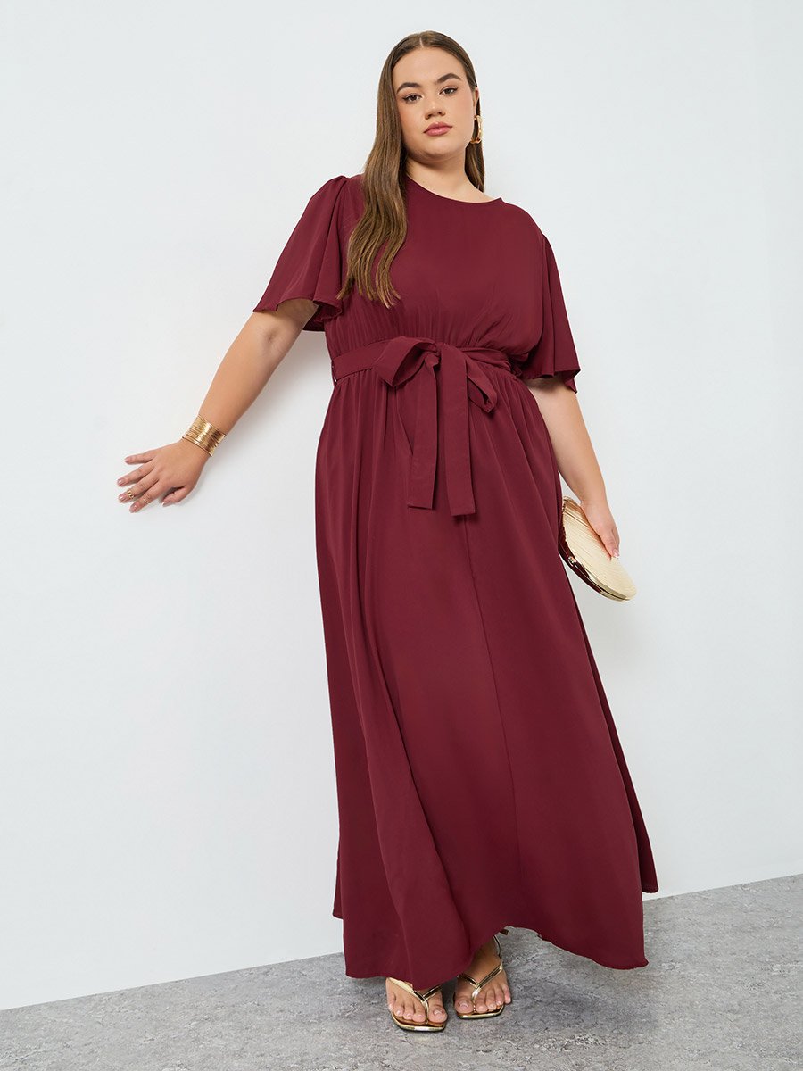Plus Size Burgundy Waist-Tie Maxi Dress For Women at Bahrain | Styli Plus Size Burgundy Waist-Tie Maxi Dress For Women at Bahrain | Styli
