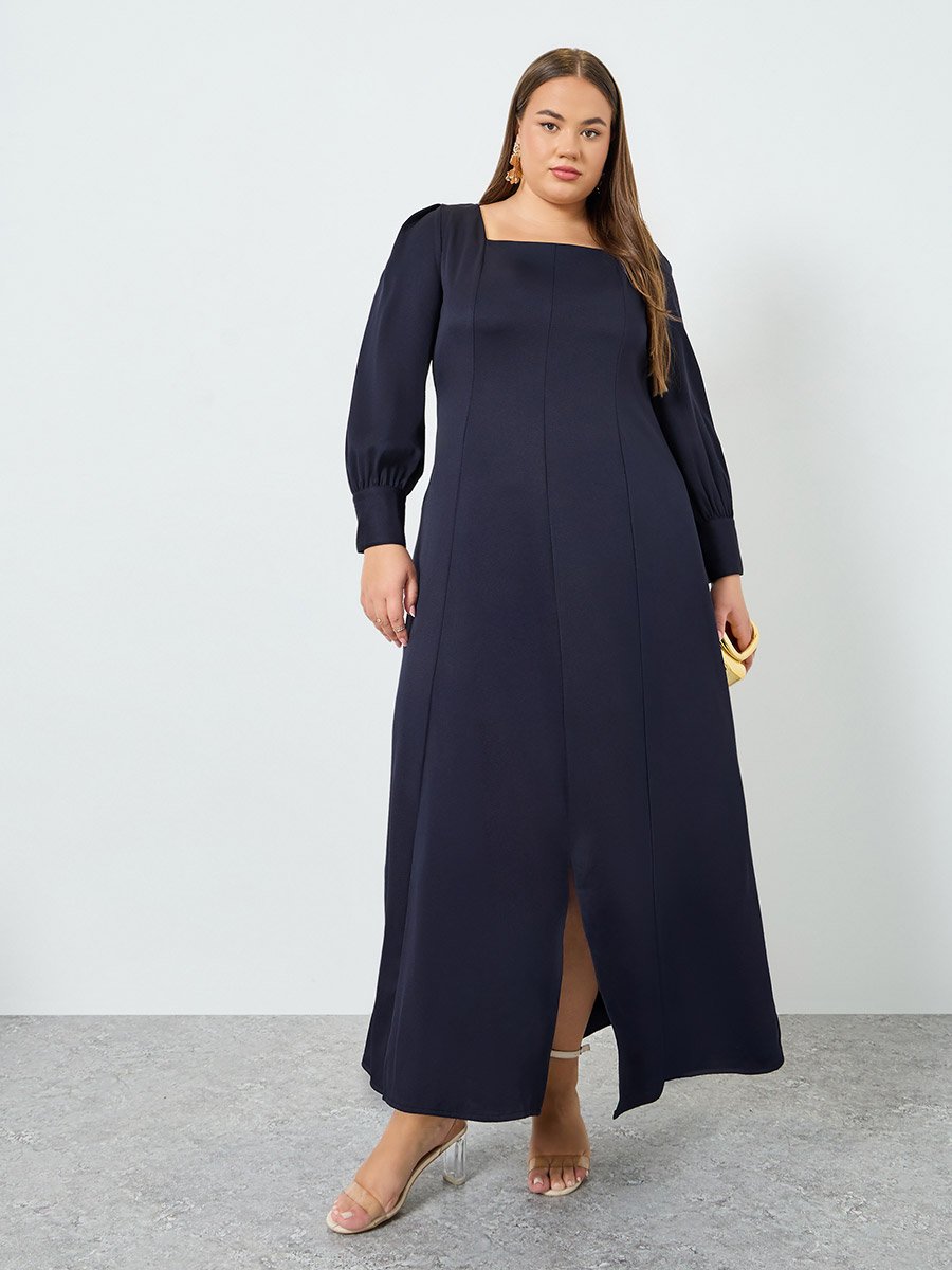Plus Size Square Neck Twill Maxi Dress
