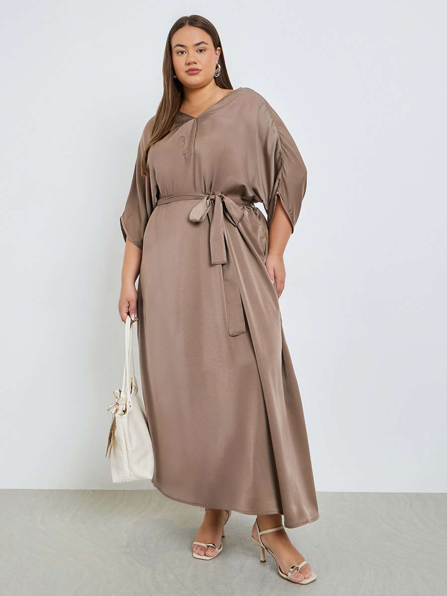Plus Size Matte Satin Maxi Dress with Tie-Belt