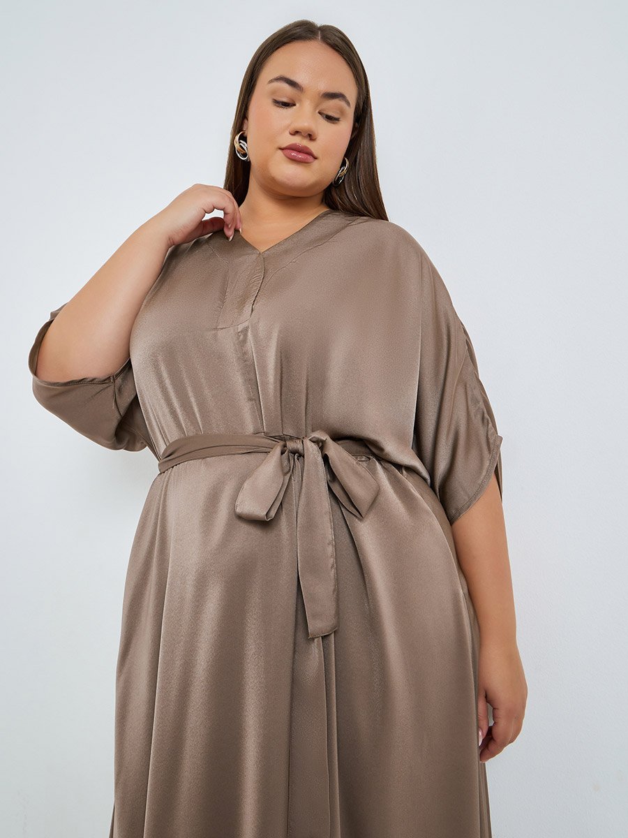 Plus Size Matte Satin Maxi Dress with Tie-Belt