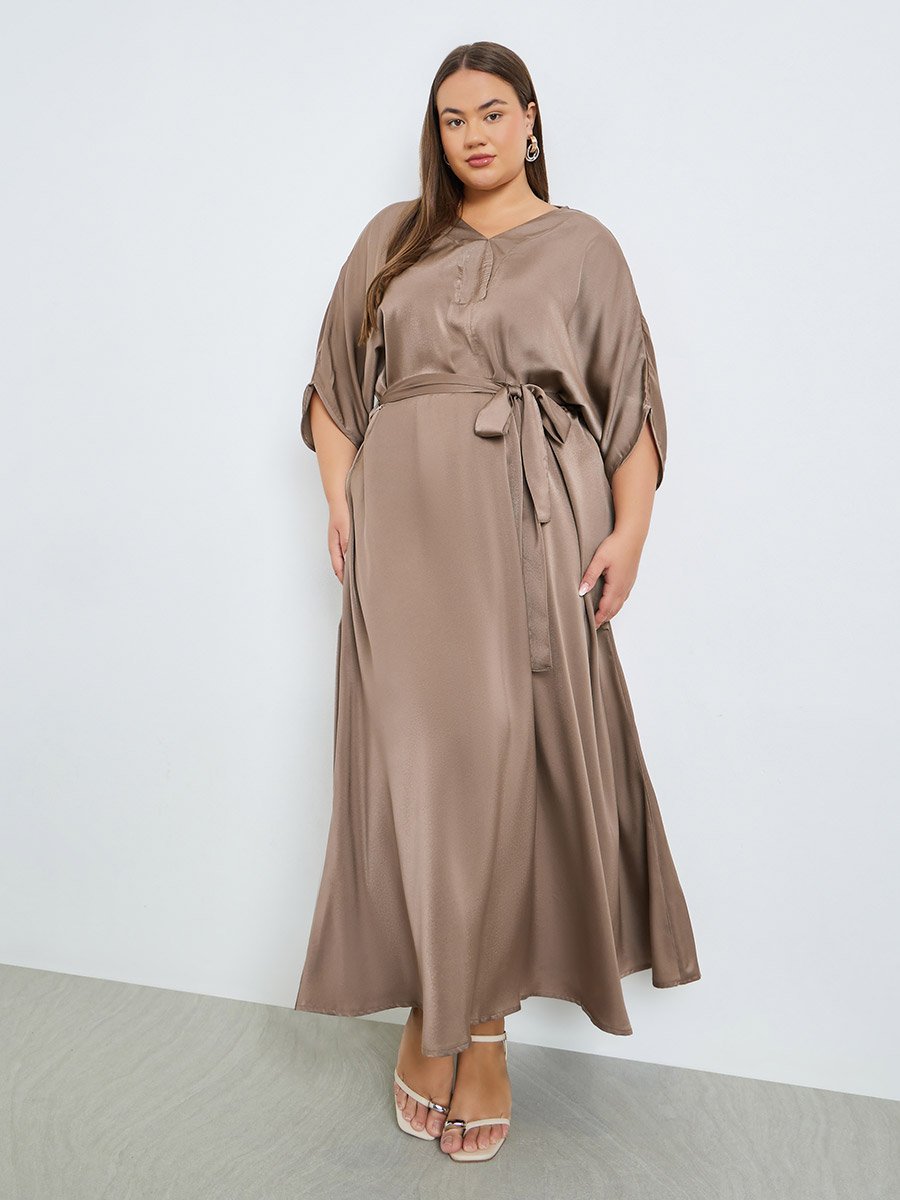 Plus Size Matte Satin Maxi Dress with Tie-Belt