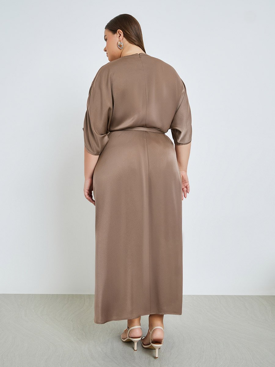 Plus Size Matte Satin Maxi Dress with Tie-Belt