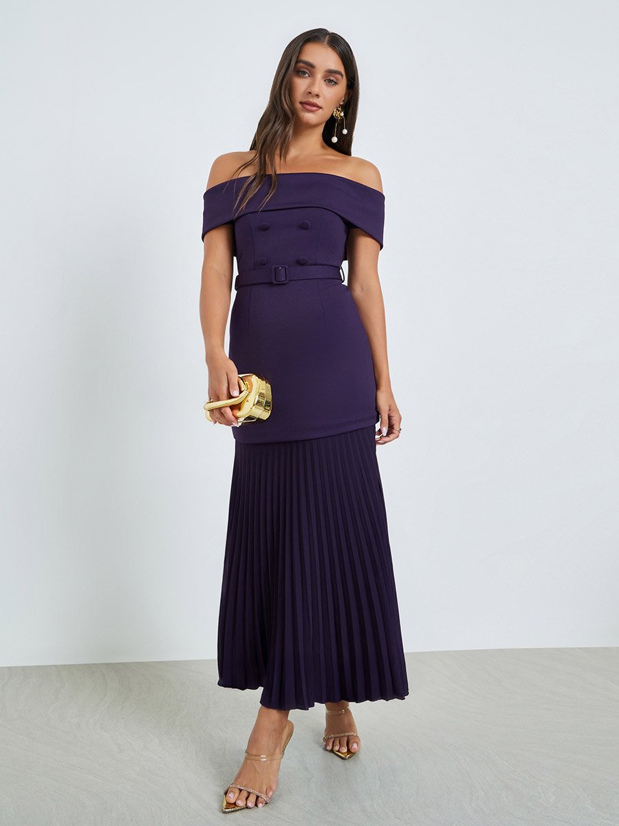 Purple Off-Shoulder Pleated Maxi Dress