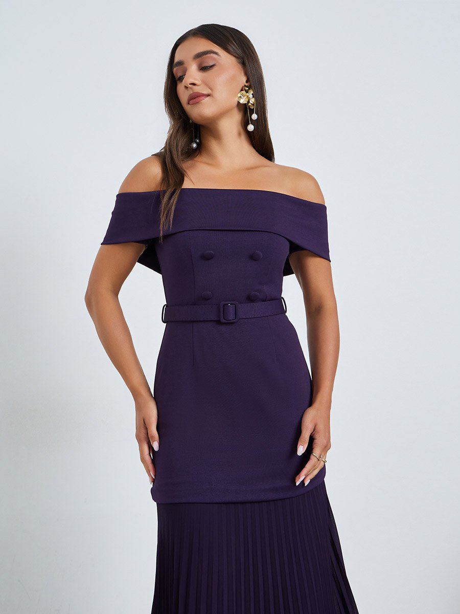 Purple Off-Shoulder Pleated Maxi Dress