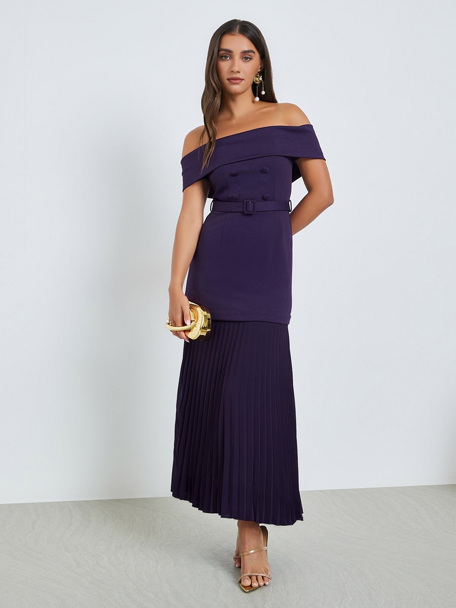 Purple Off-Shoulder Pleated Maxi Dress