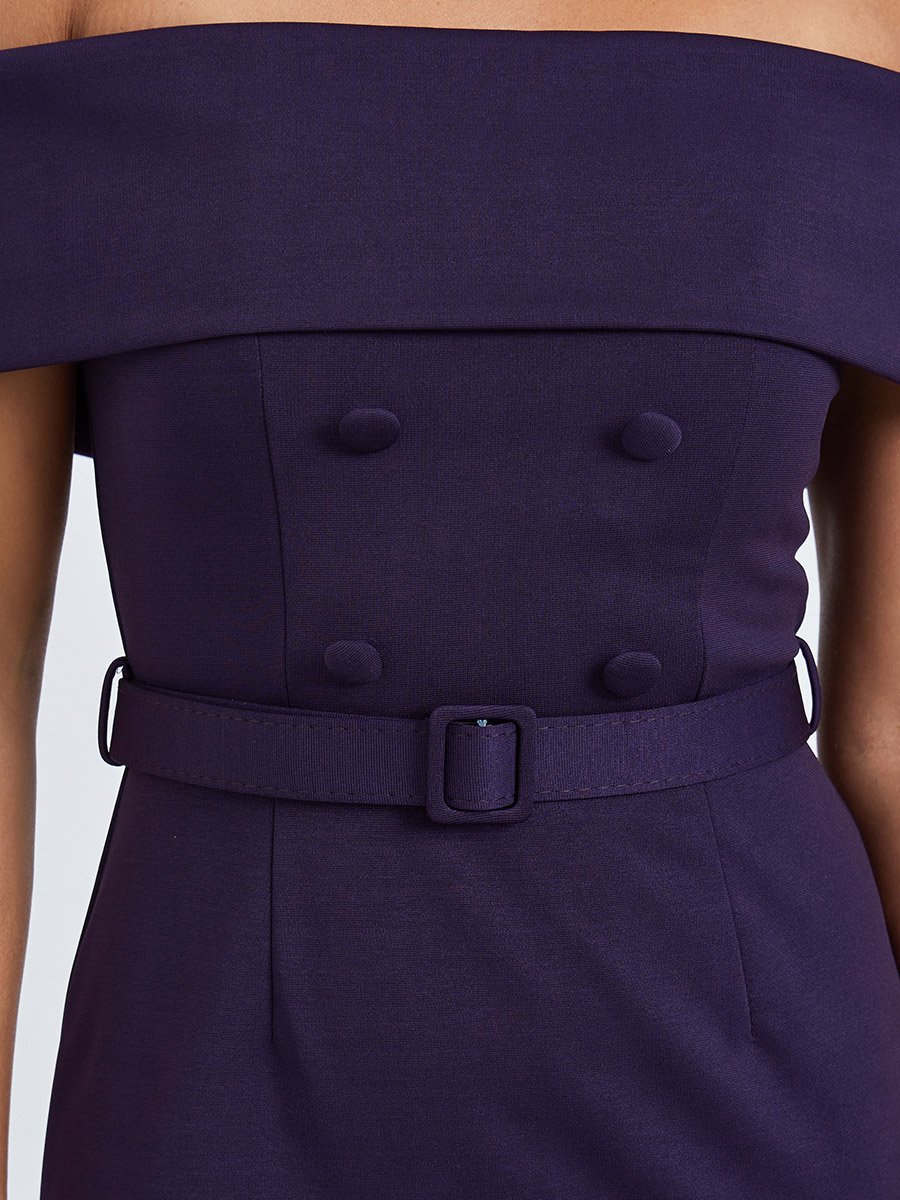 Purple Off-Shoulder Pleated Maxi Dress