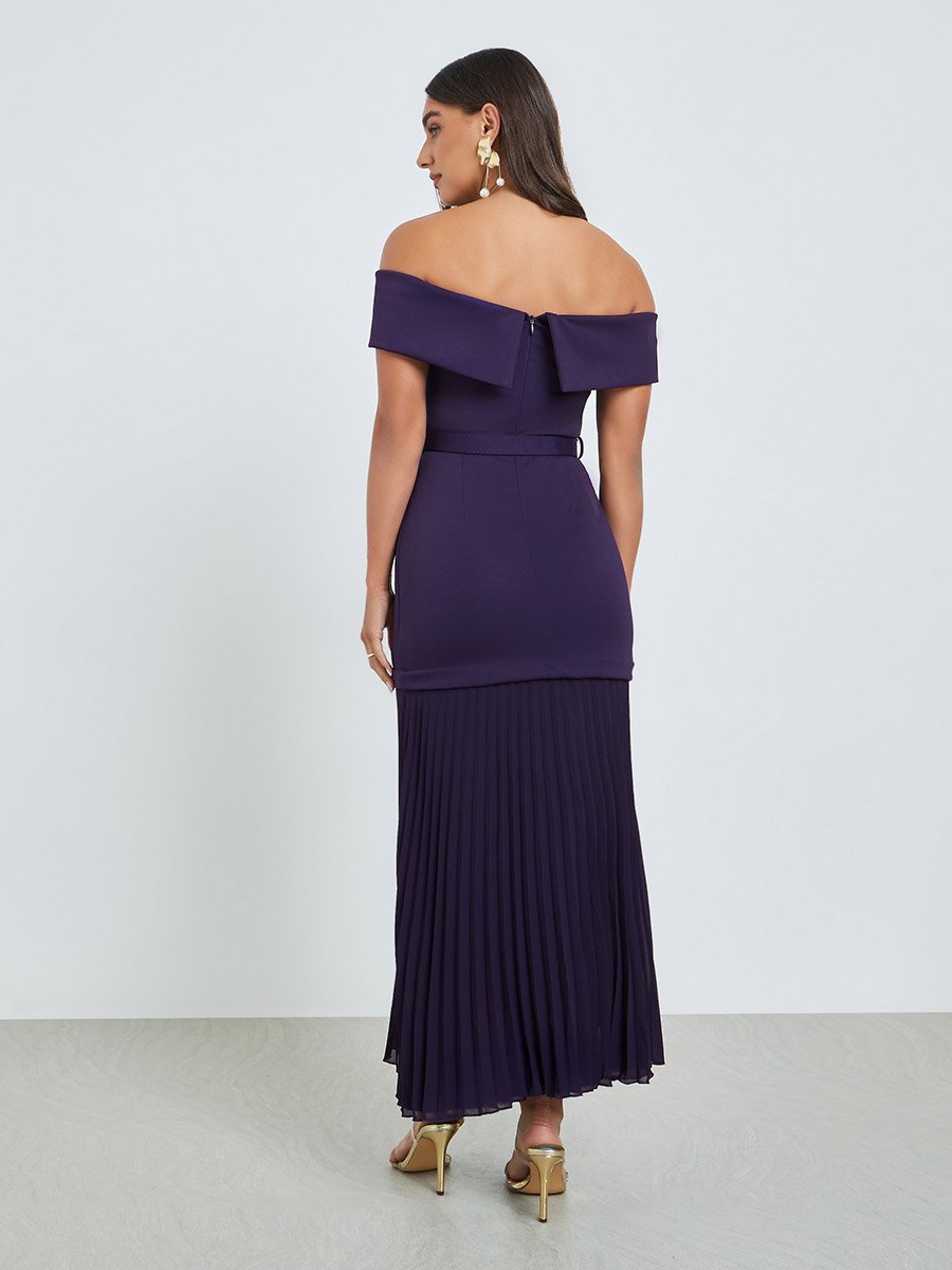 Purple Off-Shoulder Pleated Maxi Dress