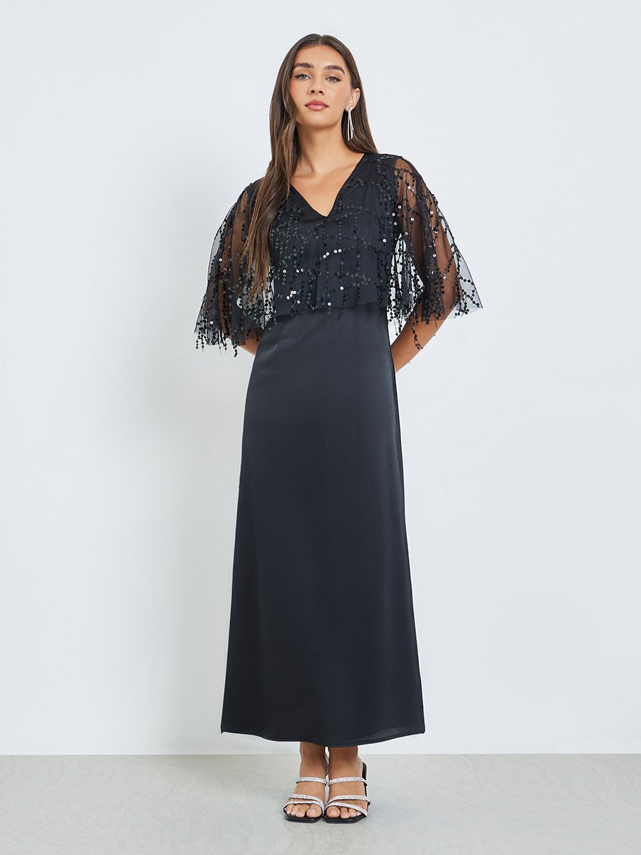 Black Sequin A-Line Maxi Dress