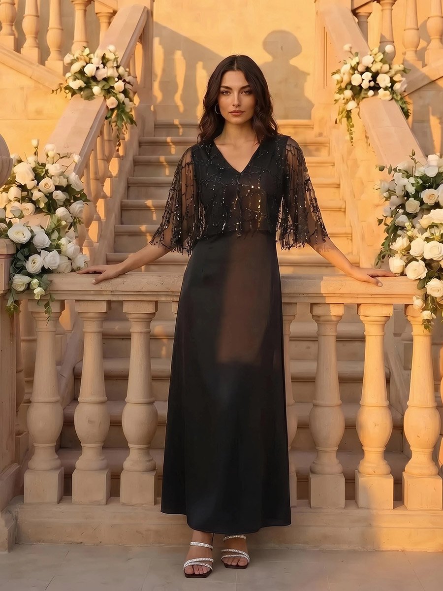 Black Sequin A-Line Maxi Dress