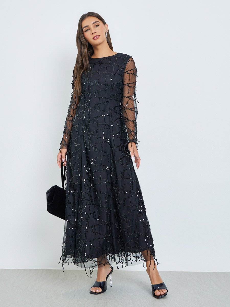 Black Sequin Maxi Dress with Long Sleeves