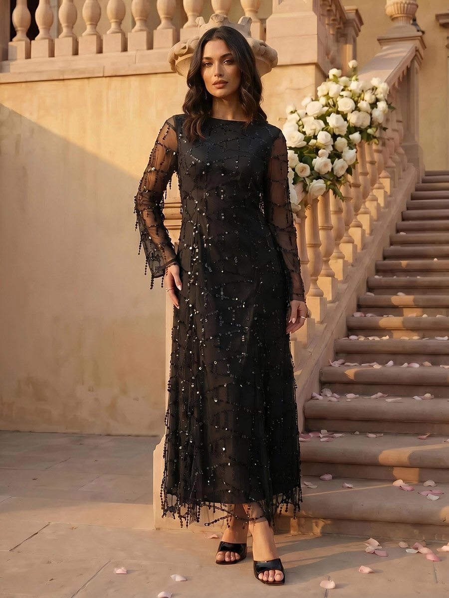 Black Sequin Maxi Dress with Long Sleeves