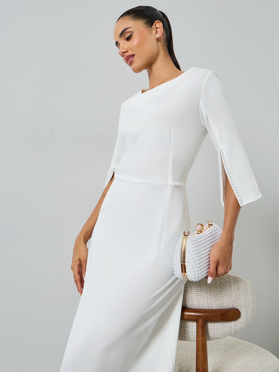 White Embellished Slit Sleeve Midi Dress For Women at Kuwait | Styli