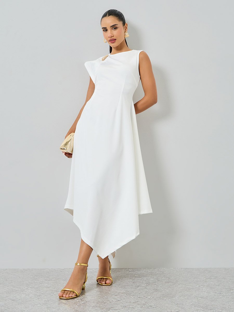 White Asymmetric Hem Midi Dress