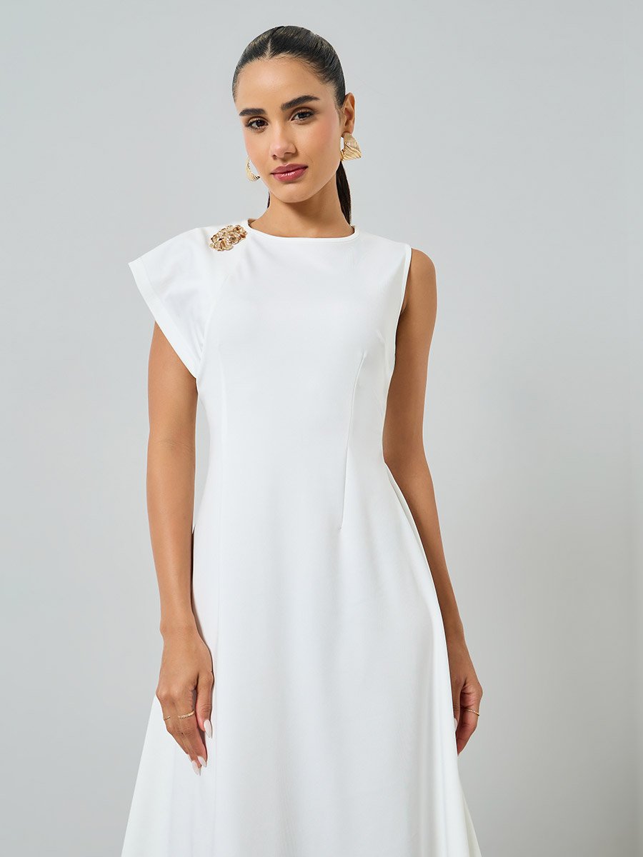White Asymmetric Hem Midi Dress