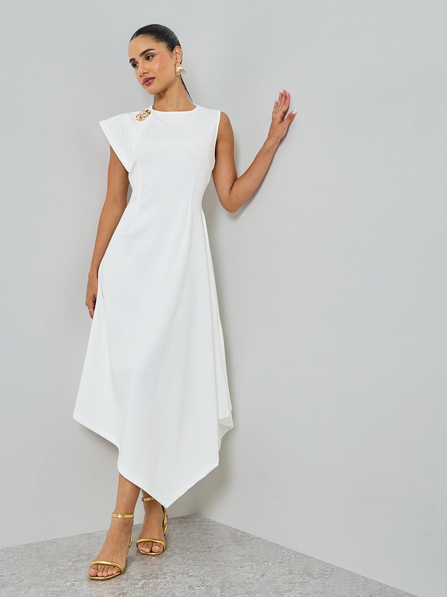 White Asymmetric Hem Midi Dress
