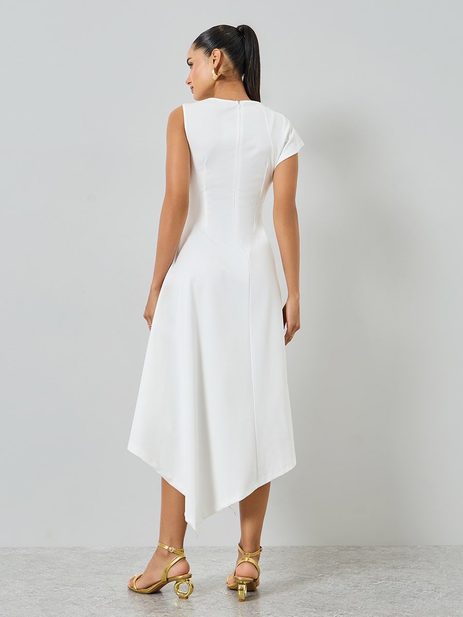 White Asymmetric Hem Midi Dress