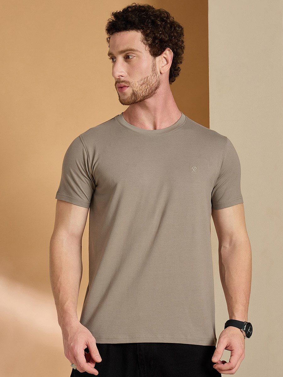 Brown Cotton Blend Round Neck T-Shirt