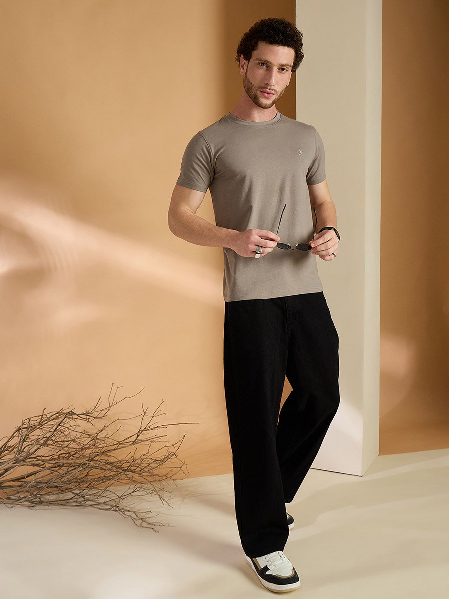 Brown Cotton Blend Round Neck T-Shirt