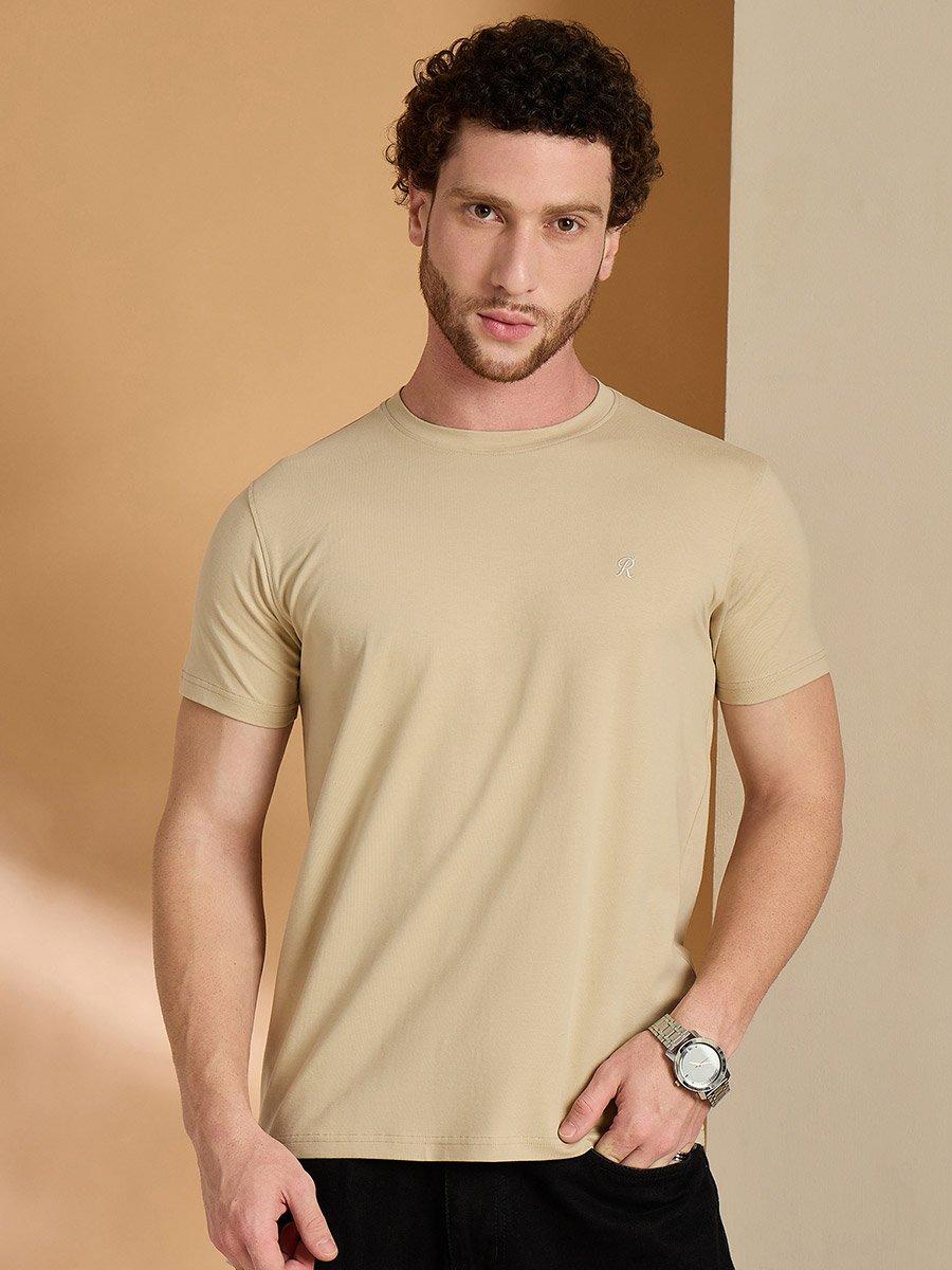 Beige Solid Slim Fit T-Shirt