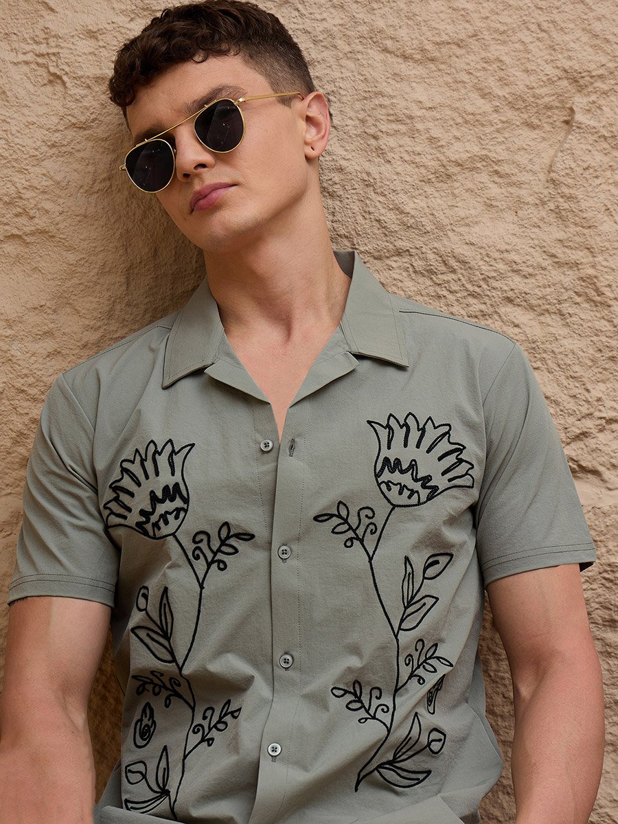 Sage Green Embroidered Pattern Casual Shirt
