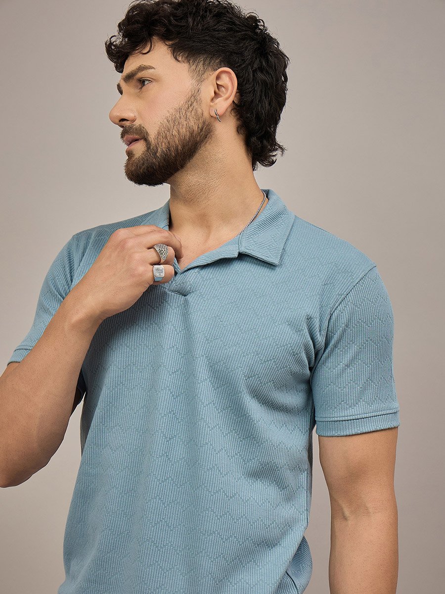 Blue Short Sleeves Textured Polo