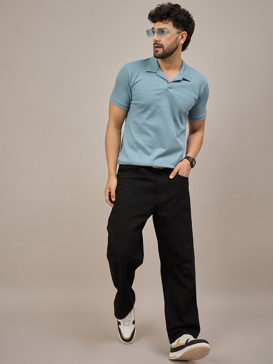 Blue Short Sleeves Textured Polo