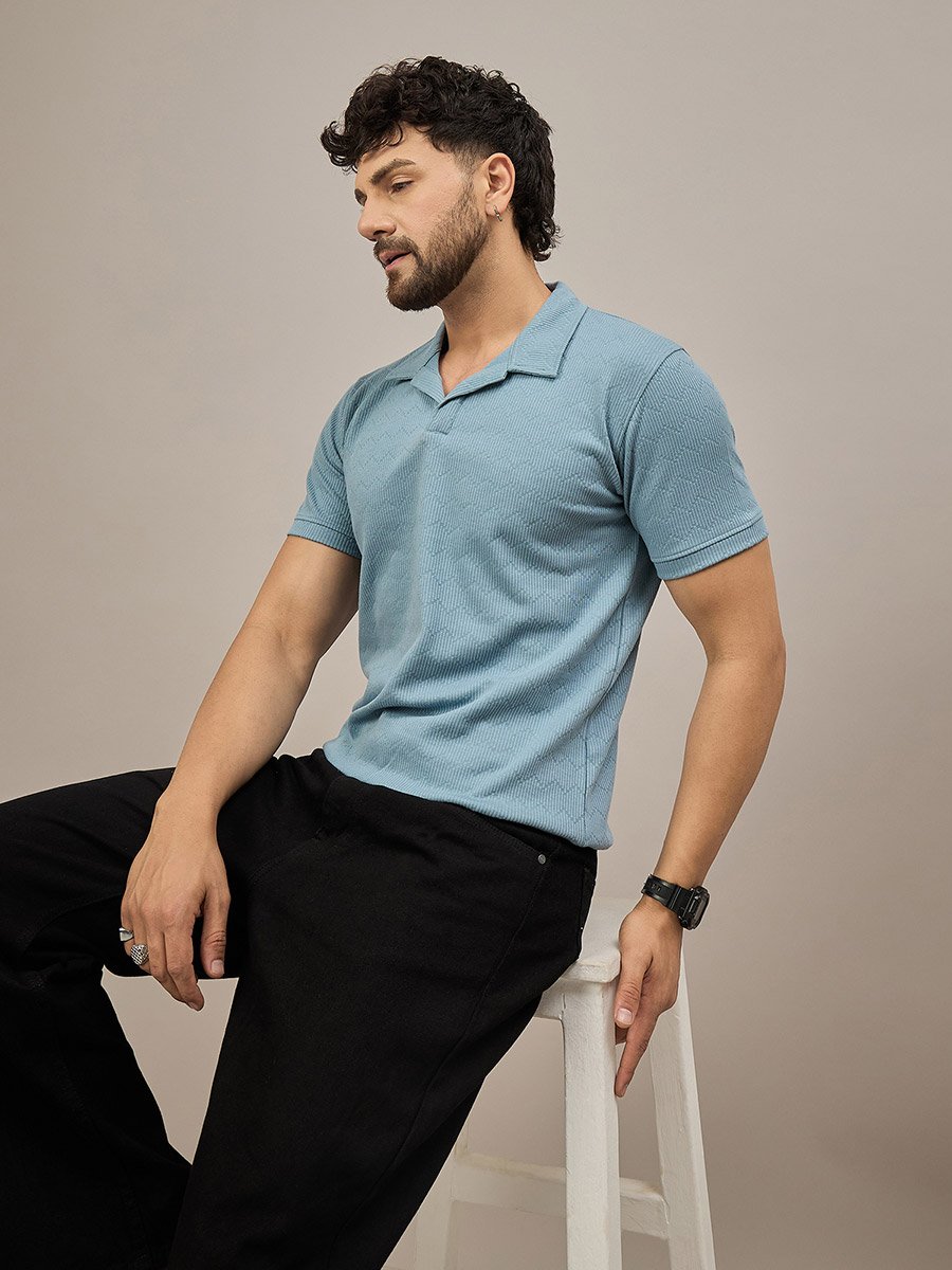 Blue Short Sleeves Textured Polo