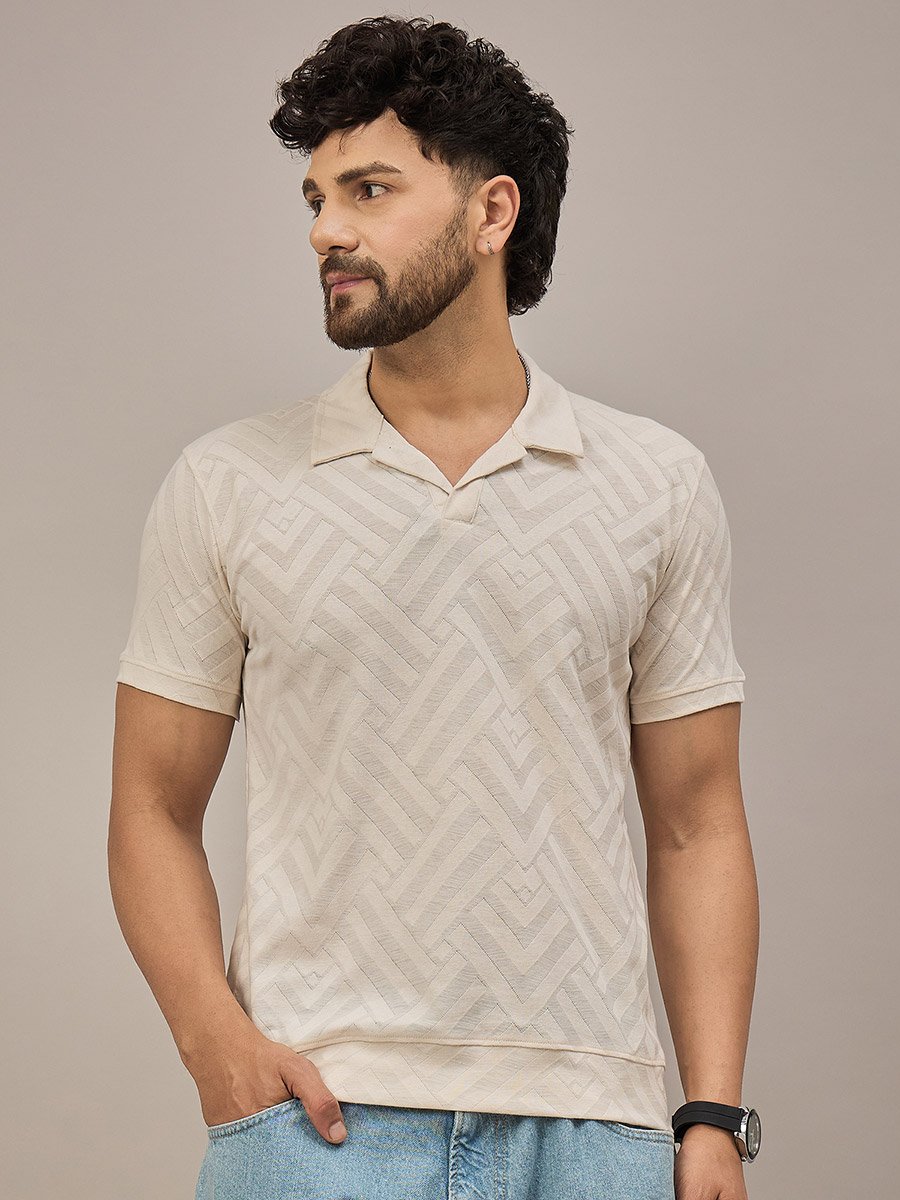 Beige Short Sleeves Textured Polo