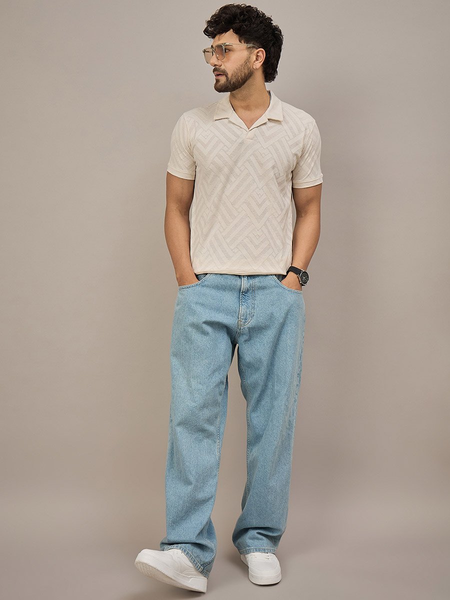 Beige Short Sleeves Textured Polo