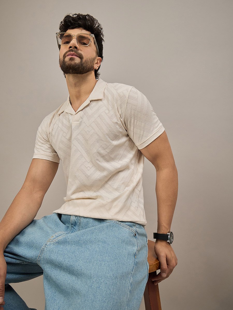 Beige Short Sleeves Textured Polo