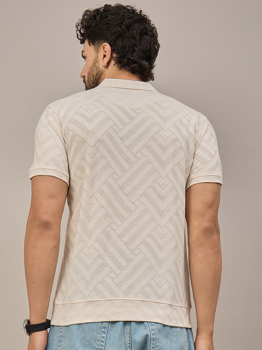 Beige Short Sleeves Textured Polo