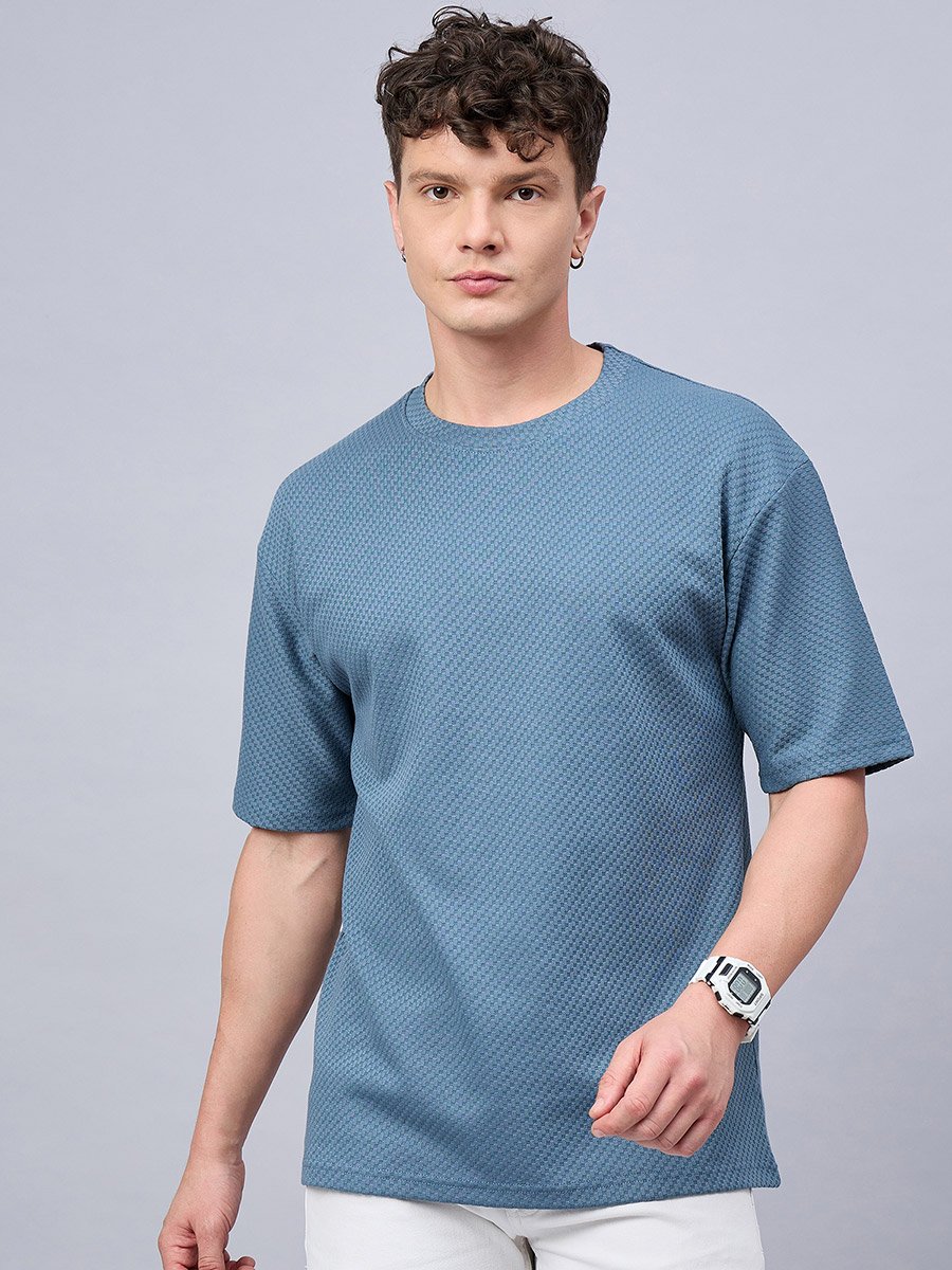 Blue Textured Oversized T-Shirt