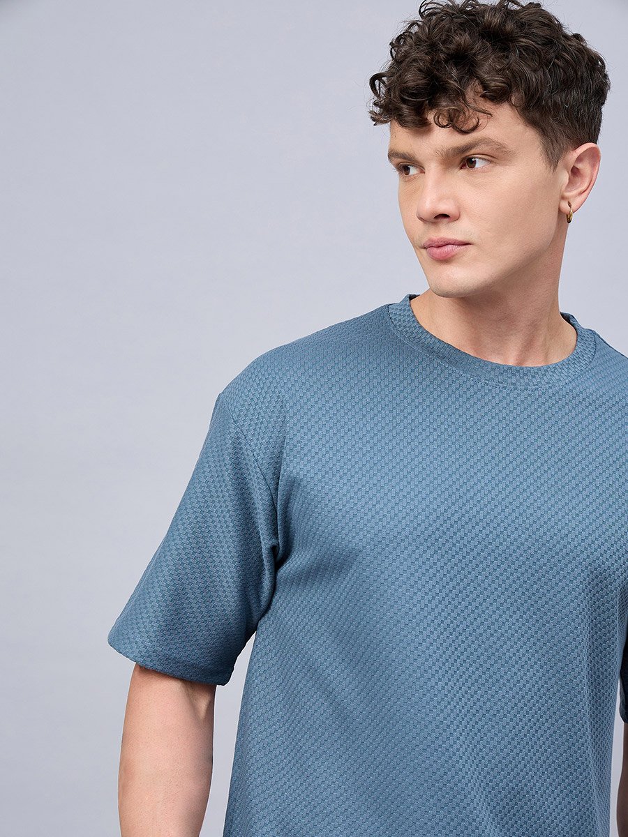 Blue Textured Oversized T-Shirt