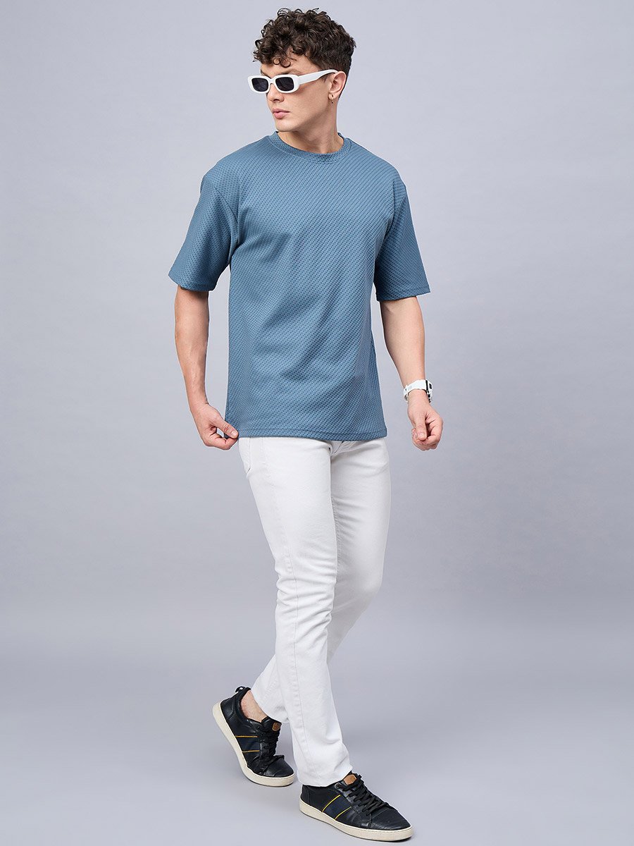 Blue Textured Oversized T-Shirt