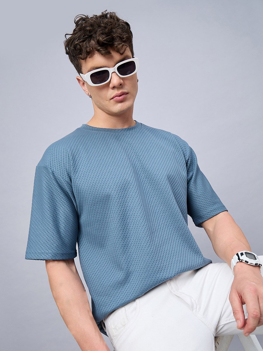 Blue Textured Oversized T-Shirt