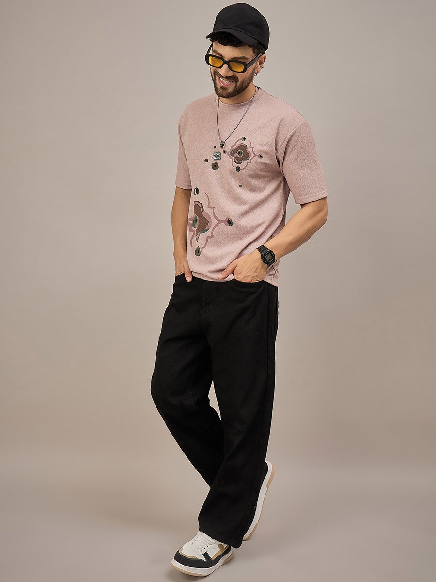 Pink Printed Textured T-Shirt