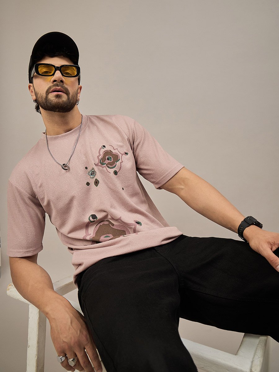 Pink Printed Textured T-Shirt