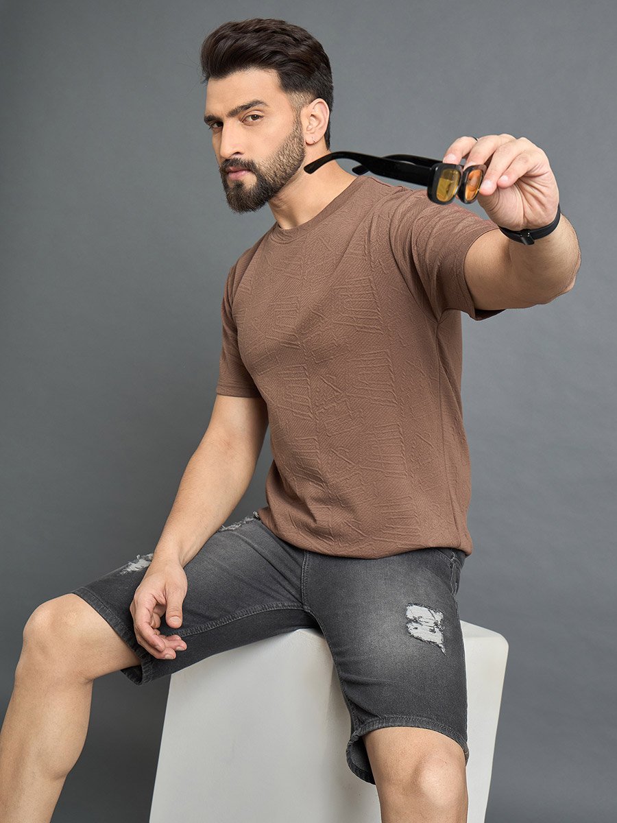 Brown Textured Round Neck T-Shirt