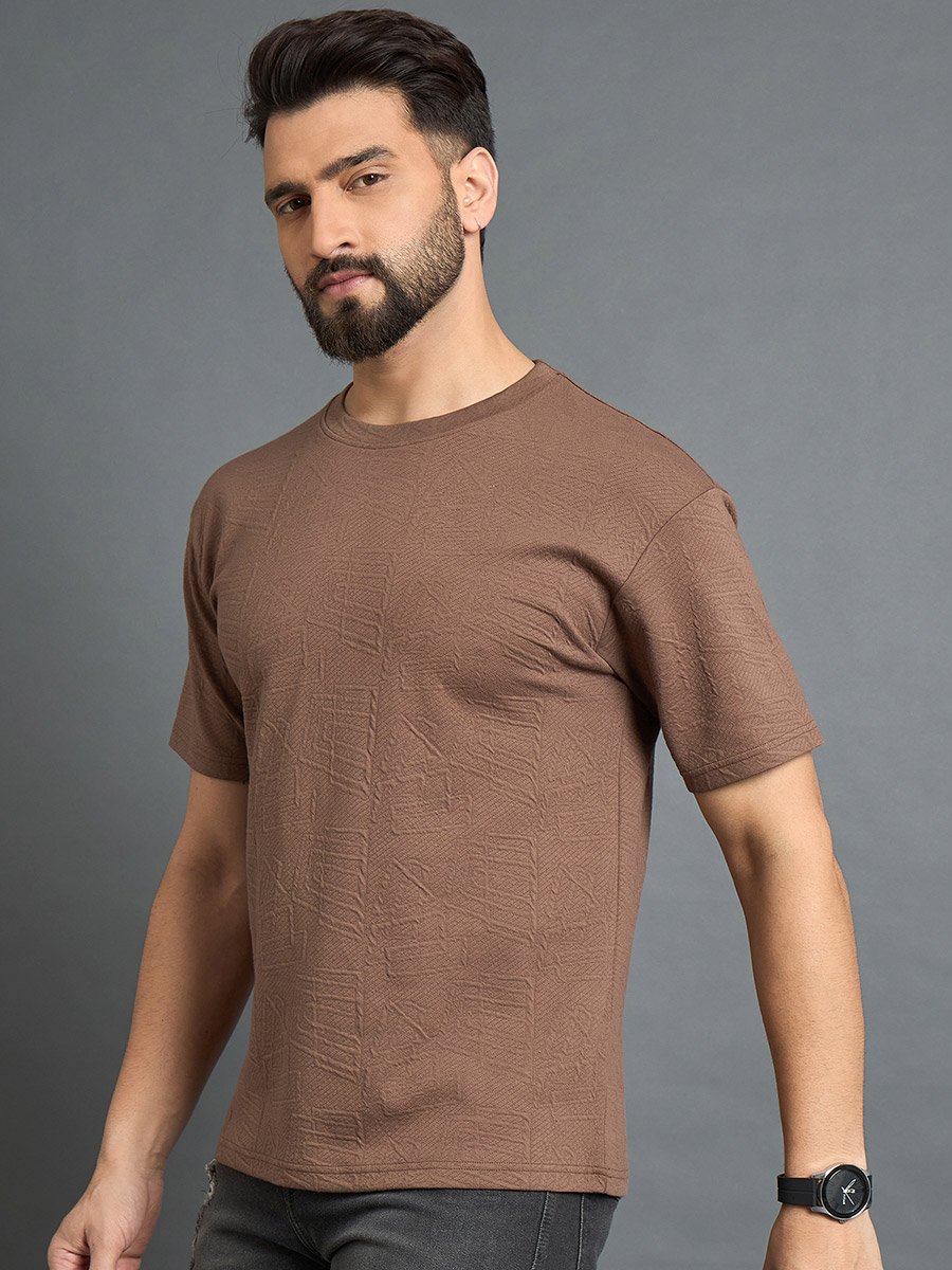 Brown Textured Round Neck T-Shirt