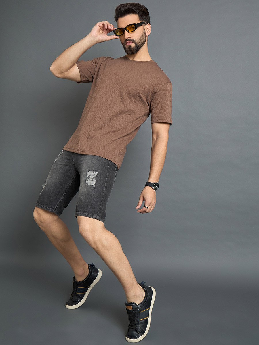 Brown Textured Round Neck T-Shirt