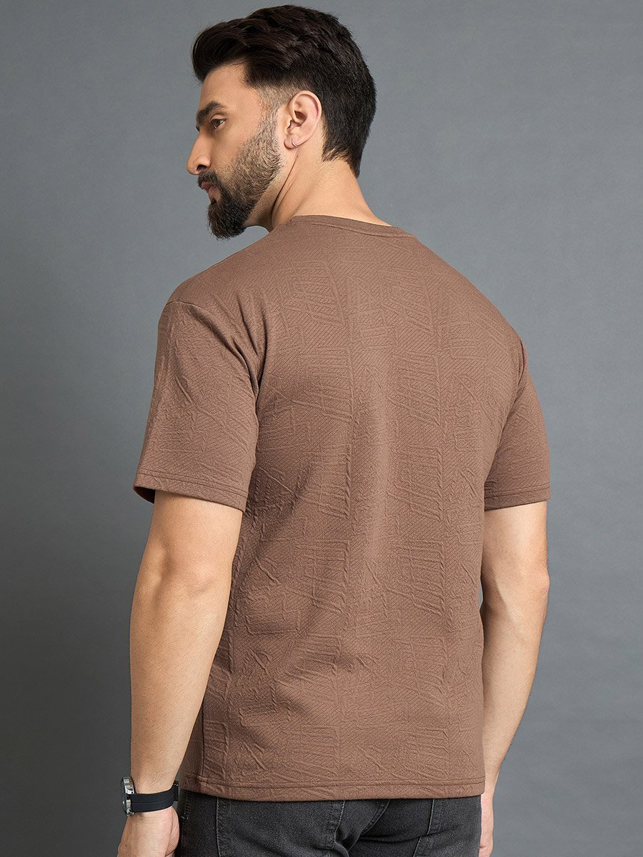 Brown Textured Round Neck T-Shirt