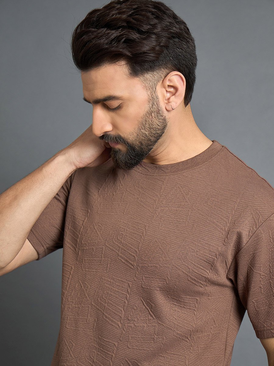 Brown Textured Round Neck T-Shirt