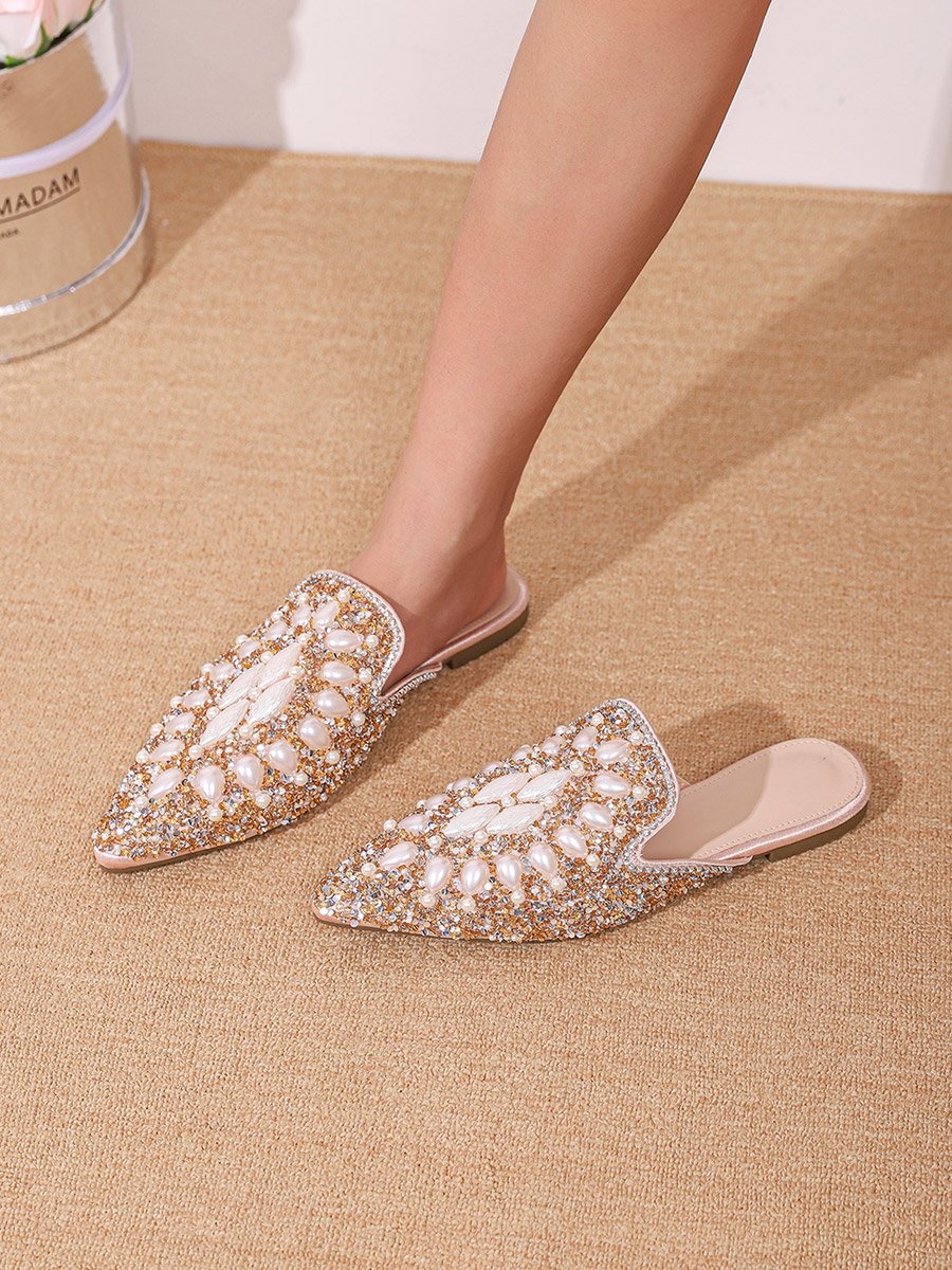 Embellished Pointed Toe Slip On Flat Sandals