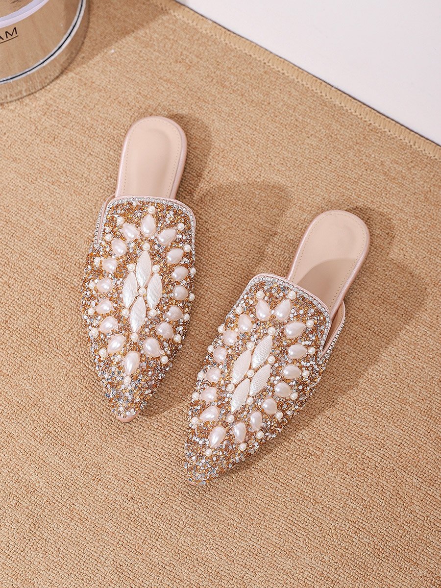 Embellished Pointed Toe Slip On Flat Sandals