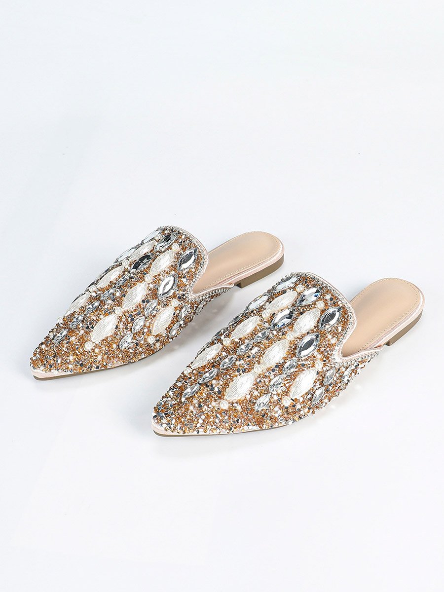 Embellished Pointed Toe Slip On Flat Sandals